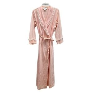 Vintage Ashley Ames Seersucker Robe SMALL Striped Pink Lace Trim UNION MADE USA
